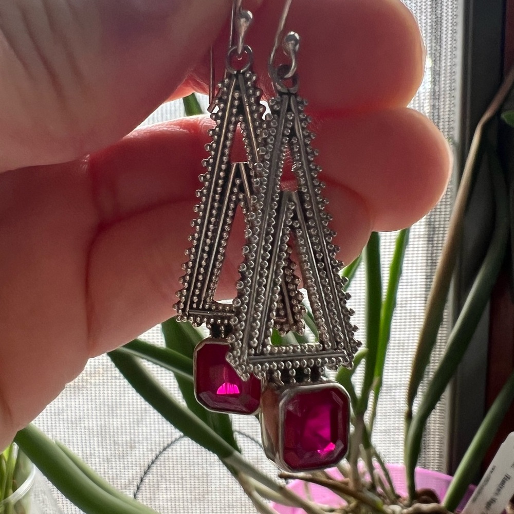 Silver Ruby Geometric Drop Earrings